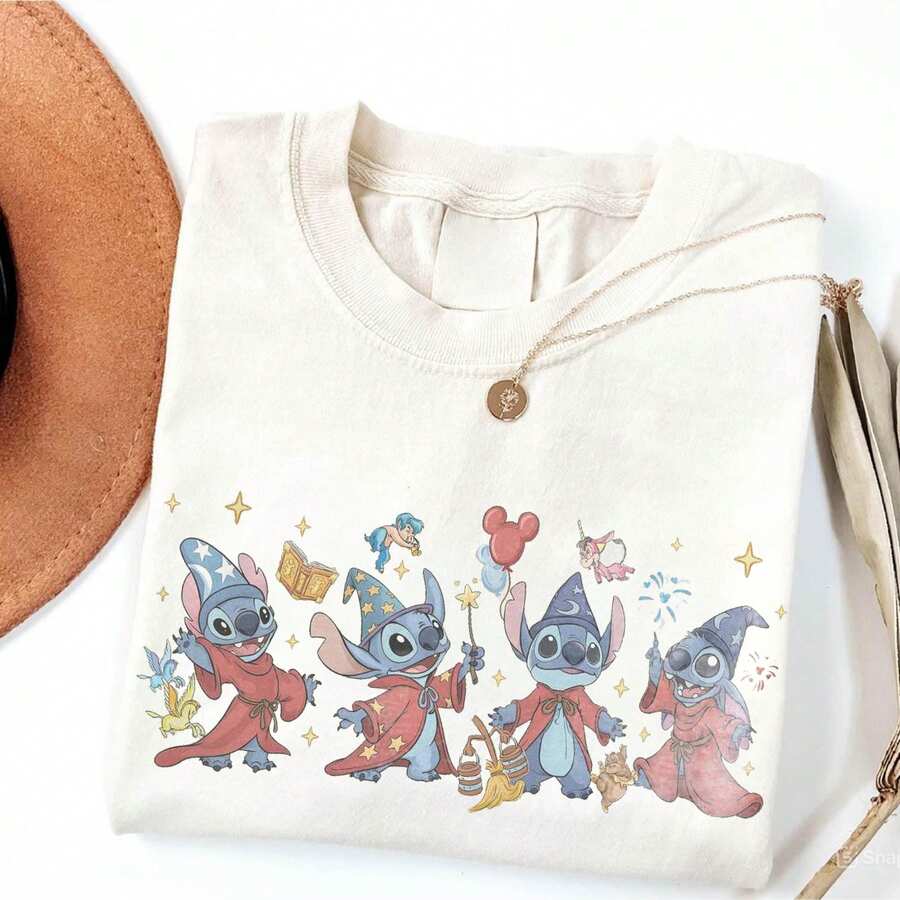 Comfort Color Stitch Sorcerer Shirt Disney Fantasia Tee Oversized Ultra Loose 100% Cotton For Women, Suitable For Daily Outings Summer Casual Wear - 白色 - 查看 1
