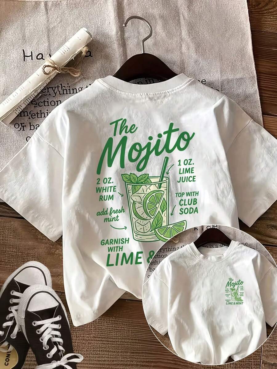 Women's Crew Neck Print T-Shirt | Casual, Vintage-Style Summer Top With A Mojito And Lemon Graphic Design, Short Sleeves, Women's Summer Outfit. - White - View 1