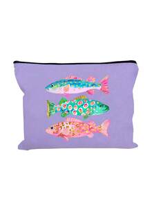 Colorful Striped Fish Pattern Cosmetic Bag,Vintage Style,Creative Zippered Makeup Pouch & Multi-Functional Coin Purse - Multicolor - View 16