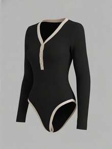 Body de mujer con cuello en V y contraste de color para uso casual diario - Marrón - Ver 8