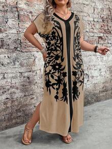 Vestido de mujer de talla con estampado floral bohemio de manga corta y cuello en V para primavera y verano, con diseño de bajo dividido, para uso casual y de vacaciones - Multicolor 3 - Ver 4