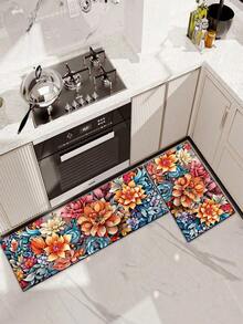 1pc Floral Pattern Non-Slip Oil-Proof Kitchen Mat, Simple Rectangular Waterproof Stain-Resistant Rug, Suitable For Living Room, Bedroom, Hallway, Bathroom And Laundry Room, Polyester Fiber Carpet For Indoor And Outdoor Home Decor - Multicolor - View 7