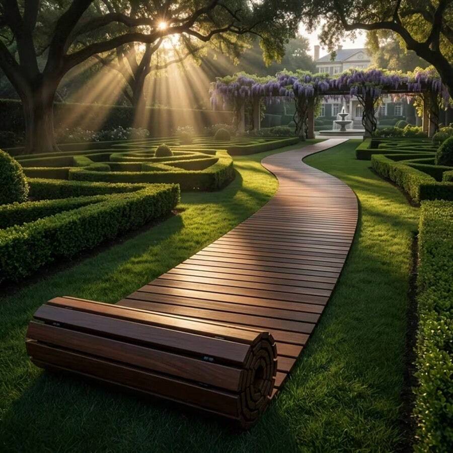 12 Foot Rolled Wooden Garden Trail Gardening Decoration With Rust Resistant Steel Wire And Non Slip Surface - Suitable For Gardens, Backyards, Poolside, Beaches, Weddings, And Parties - Durable Wooden Trail Mat. - 144in - 查看 1