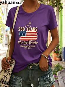 4th Of July Outfit WomenUSA 250th AnniversaryCommemorative Print Women's InspiredT-Shirt Short RoundNeckTopWhite LightweightY2K Short Sleeve Round Nec - 紫色1 - 查看 4