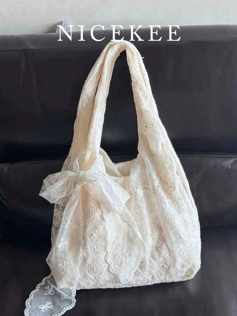 時尚精緻優雅大容量單肩包,小眾設計簡約蝴蝶結腋下包,休閒個性優雅日常托特包,適合購物、日常出行、度假和約會 - 白色 - 查看 1