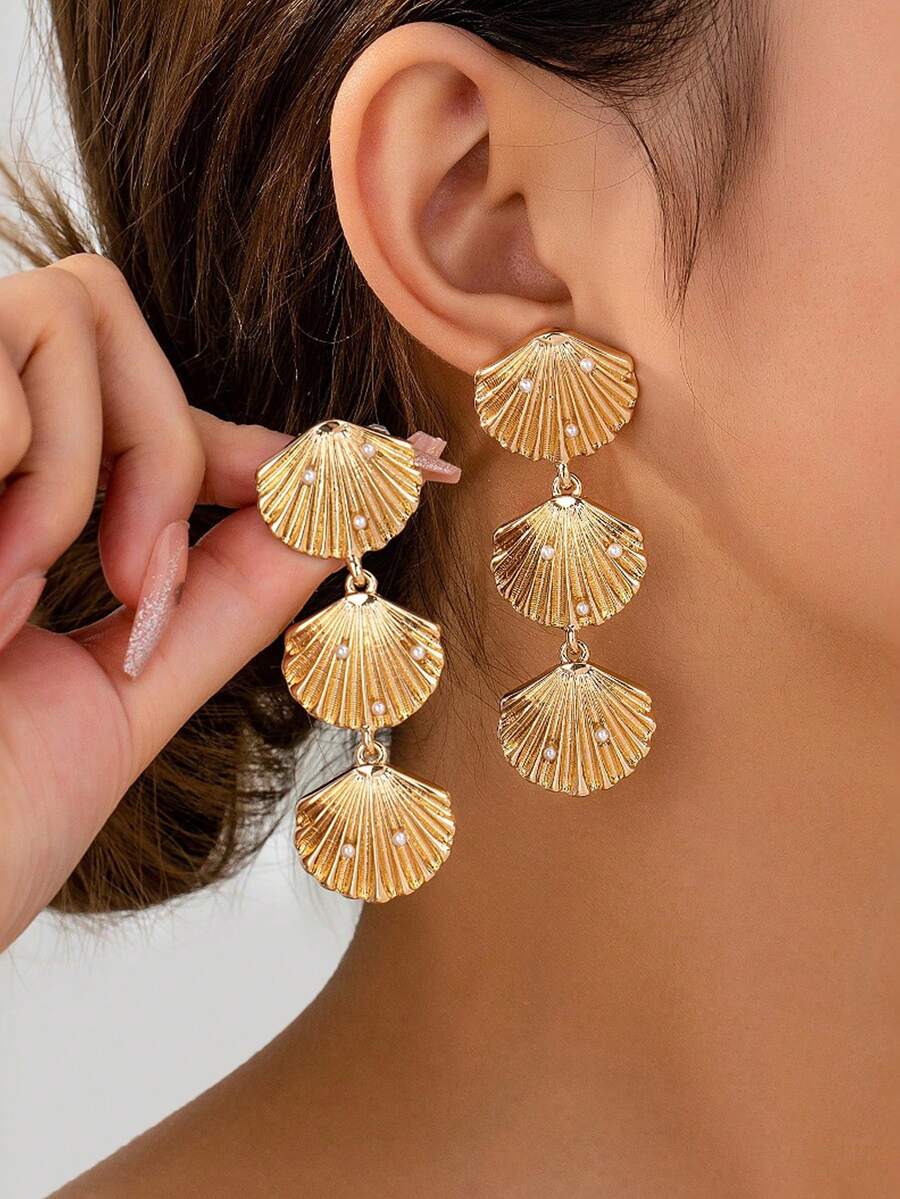 1 Pair European And American Style Metal Alloy Faux Pearl Shell Dangle Earrings, Suitable For Women's Daily Wear, Party, Travel - Gold - View 1