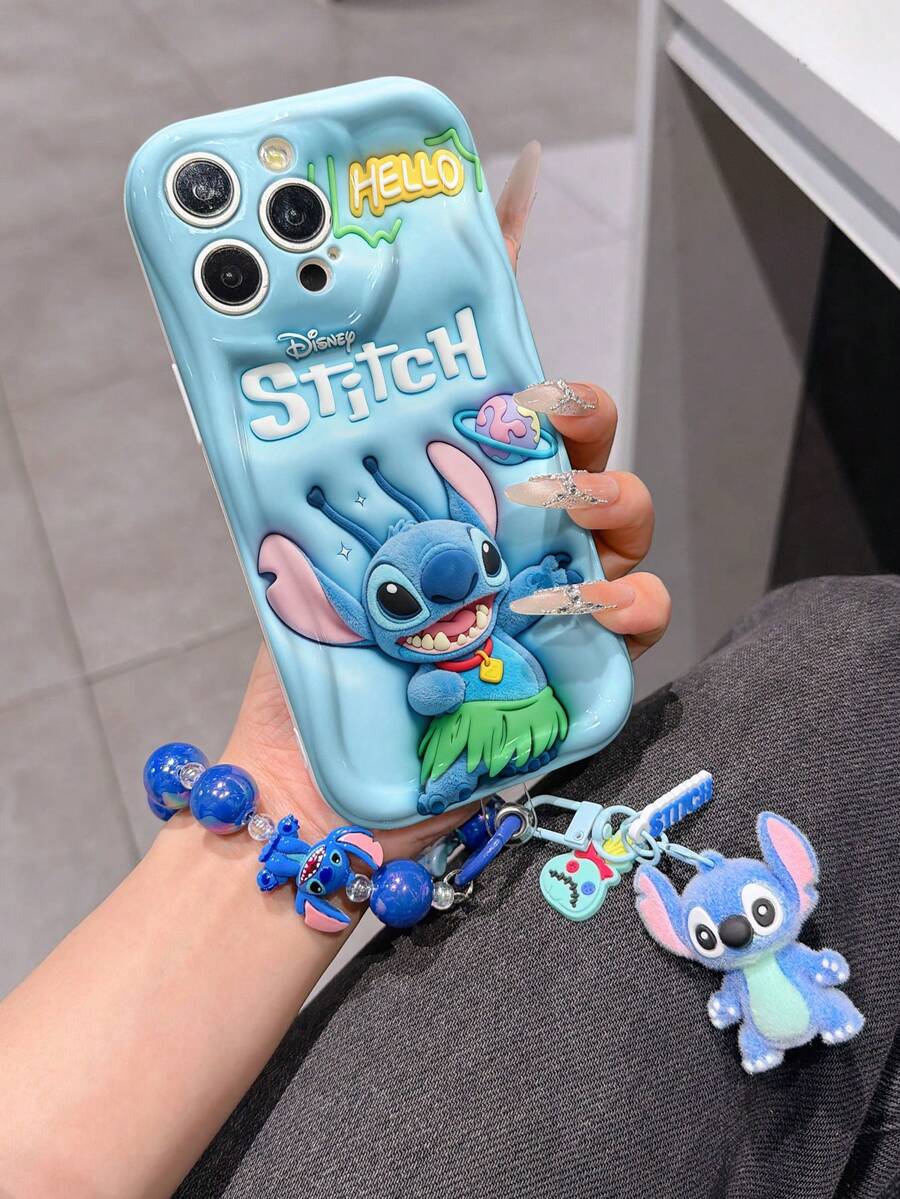 Disney Has Authorized, Phone Case - Chain Set, The Stitch Lilo & Stitch 3D Phone Case Plus A Silicone 3D Stitch Bracelet With Metallic Ring Removable Bracelet, Stitch And Angel Pattern, Compatible With Iphone17/16/15/14/13/12/11/XS/XR/X Plus Pro Max, A Stylish Cartoon Phone Case, The Perfect Gift Choice, Phone Protection, Durable Phone Cover, Great Gift For Friends And Family. - trắng - Xem 1