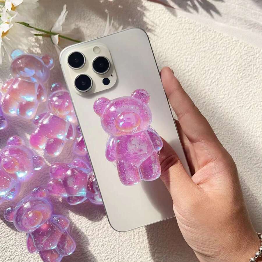 Korean Cute Ins Crushed Shell Slice Bear Resin Expandable Folding Slouchy Desk Phone Holder, Creative Gift - Purple Fragment Colorful Bear - View 1