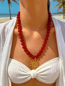 4pcs/Set Vintage French Elegant Fashion Hiphop Boho Vacation Style Bling Bling Colorful Beaded Necklace Set With Green Turquoise, Green, Wine Red, Orange, Starfish, Shell, Fish, Flower Pendants, Tassel, Y-Shaped, Choker, Suitable For Women Summer Beach Party, Dinner, Music Festival, Daily Wear, All Season Versatile Jewelry - Multicolor - View 10