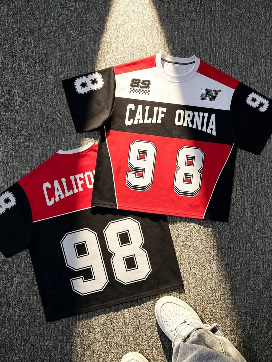 Men's Loose Fit "CALIFORNIA 98" Racing Car Graphic T-Shirt, Street Sports Motorcycle Theme Tee - Red - View 1