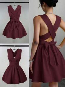 Vestido mini elegante y sexy para invitada de boda con cuello en V cruzado, sin mangas y corte evasé, diseño versátil para conciertos, playa, fiestas, primavera/verano, con bolsillos, vestido de noche con espalda descubierta de color amarillo mantequilla - Burdeos - Ver 6