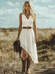 MEXEMERY ROSE Vestido midi elegante y ajustado con encaje, estilo bohemio de vacaciones y festival occidental para mujeresMEX WMC8 - Blanco - Ver 3