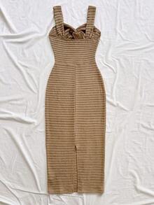 MEXSoleia Vestido midi de verano con estampado de rayas de contraste y abertura, estilo bohemio para mujerMEX BBAV - Marrón - Ver 2