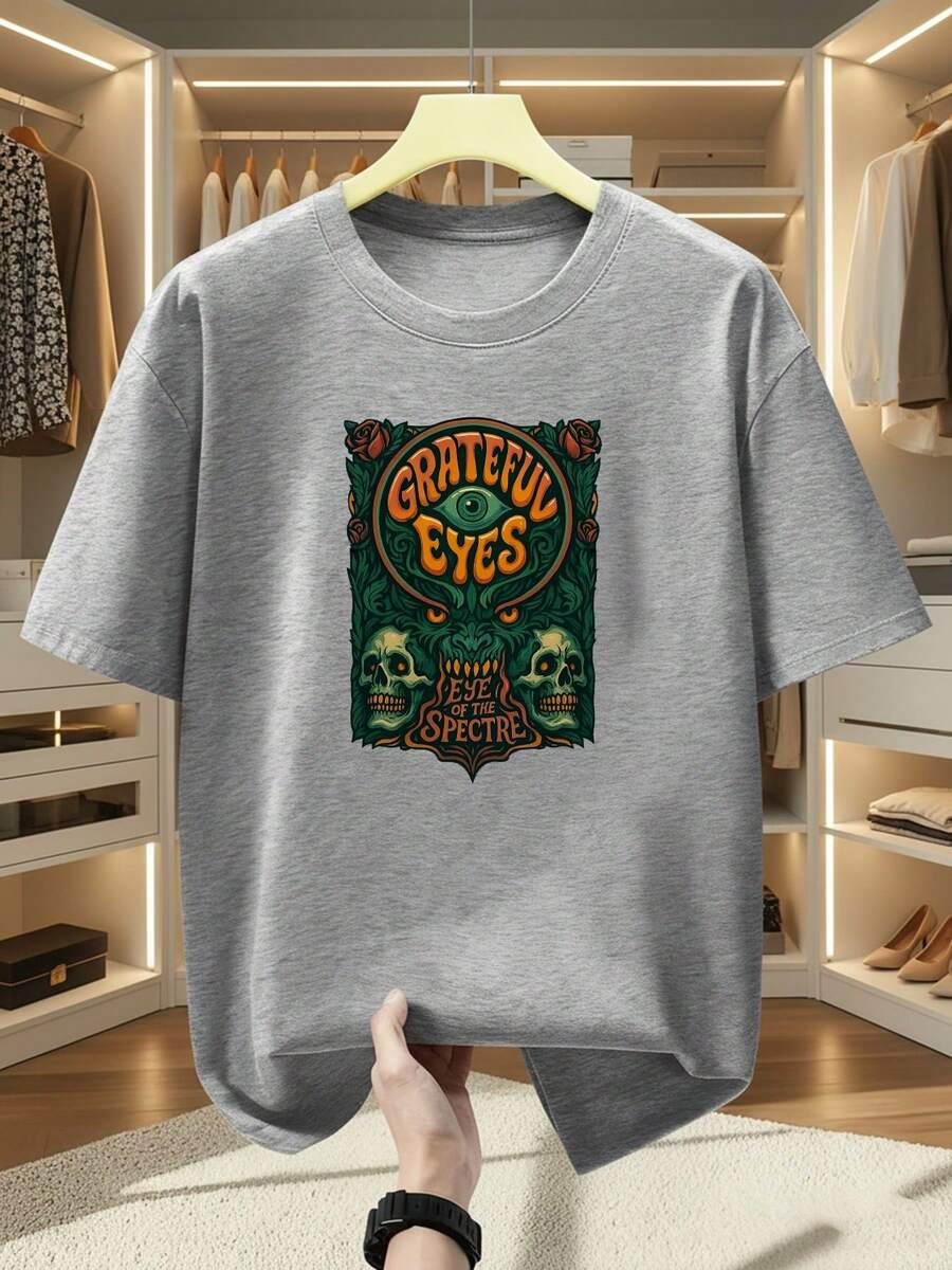 Camisetas de talla grande para hombre 100% algodón, con estampado de Grateful Eyes, cuello redondo y manga corta, con diseño de calavera y ojo misterioso, estilo único y moderno. Camiseta cómoda y casual para el verano. - Gris - Ver 1