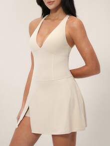 TimeOff 1pc Women V-Neck Solid Color Side Slit Ruffle Hem Criss-Cross Strap Pocket Lining Dress Skirt - Grey - View 10