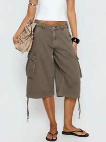Washed Denim Cargo Bermuda Shorts, Y2K Loose Wide Leg Jorts With Big Side Pockets  Drawstring Hem, Vintage Streetwear Utility Capri Pants For Women - 深棕色 - 查看 2