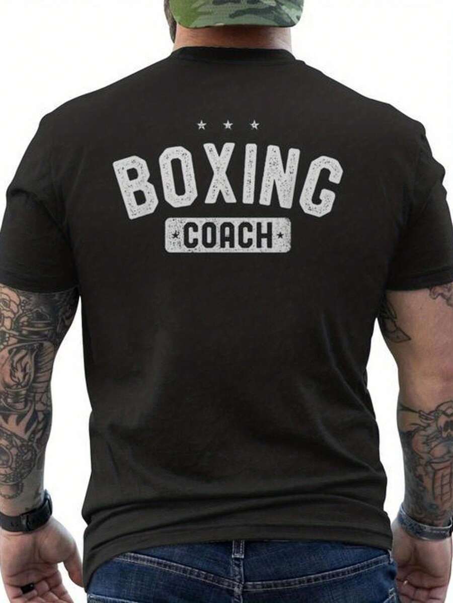 Men's Shirt With Boxing Trainer Design On The Back Made Of Round Neck Soft And Breathable Material Short Sleeves Loose And Comfortable - Black - View 1
