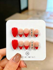 10 Stücke handgefertigte mandelförmige Press-On Kunstnägel mit auffälligem Farbblock-Design in Nude-Rosa und echtem Rot, kombiniert mit roten French-Tips und umrahmt von einer Kette aus AB-Kristall-Strasssteinen, perfekt für Mädchen, geeignet für Partys, Hochzeiten und den Alltag, inklusive Tool-Kit - Rot - Übersicht 12