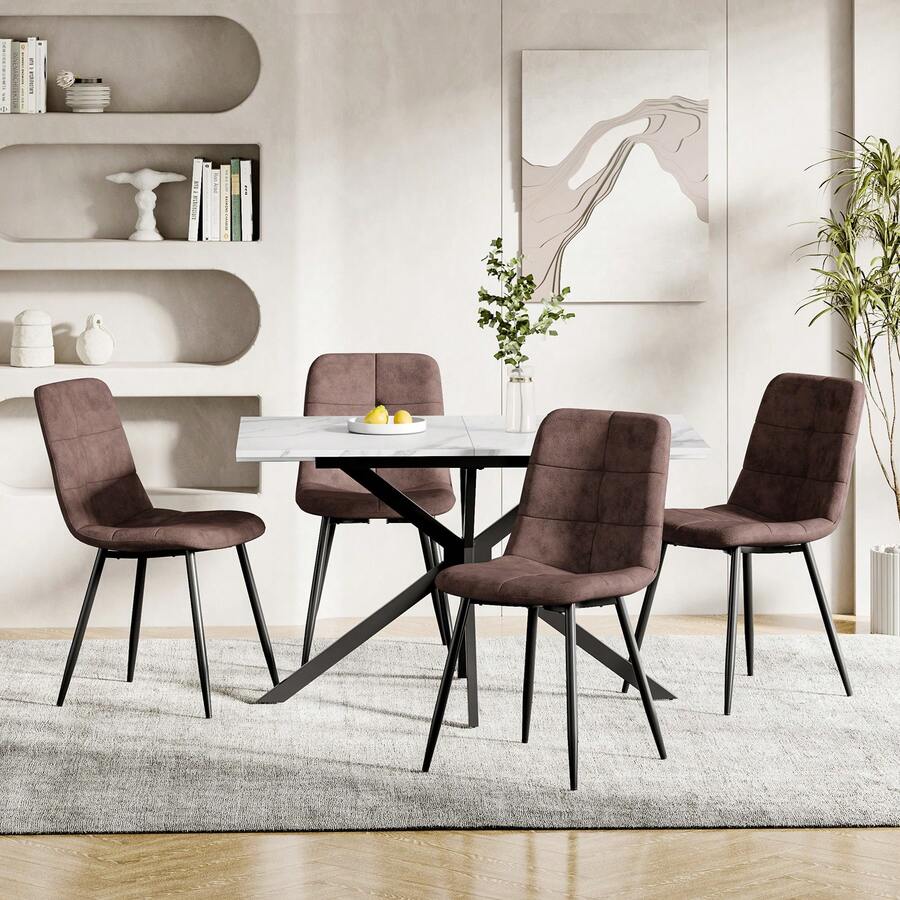 Jooli H Modern Upholstered Dining Chairs Set, Brown PU Fabric Kitchen Chairs With Black Metal Legs For Dining Room, Kitchen - Brown PU Fabric - View 1
