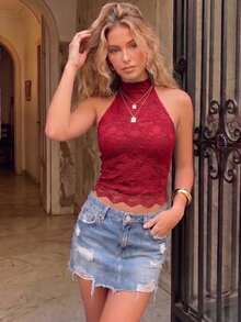 Top de Encaje con Cuello Halter, Top Corto de Verano con Lazo en la Espalda para Mujeres - Rojo - Ver 2