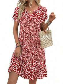 ,Flower Dress Women,2026 Women's Summer Casual Floral V-Neck A-Line T-Shirt Mini Dress Short Sleeve With Pockets Beach Sundress,Casual Summer Dress, Summer Casual Dress, Holiday Choice - 紅白花卉 - 查看 7