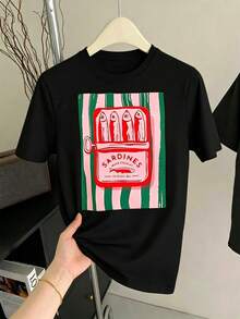 Short-Sleeved, Round-Neck T-Shirt With A Canned Sardine Print, Regular Fit, Suitable For Spring And Summer, White - 黑色 - 查看 9