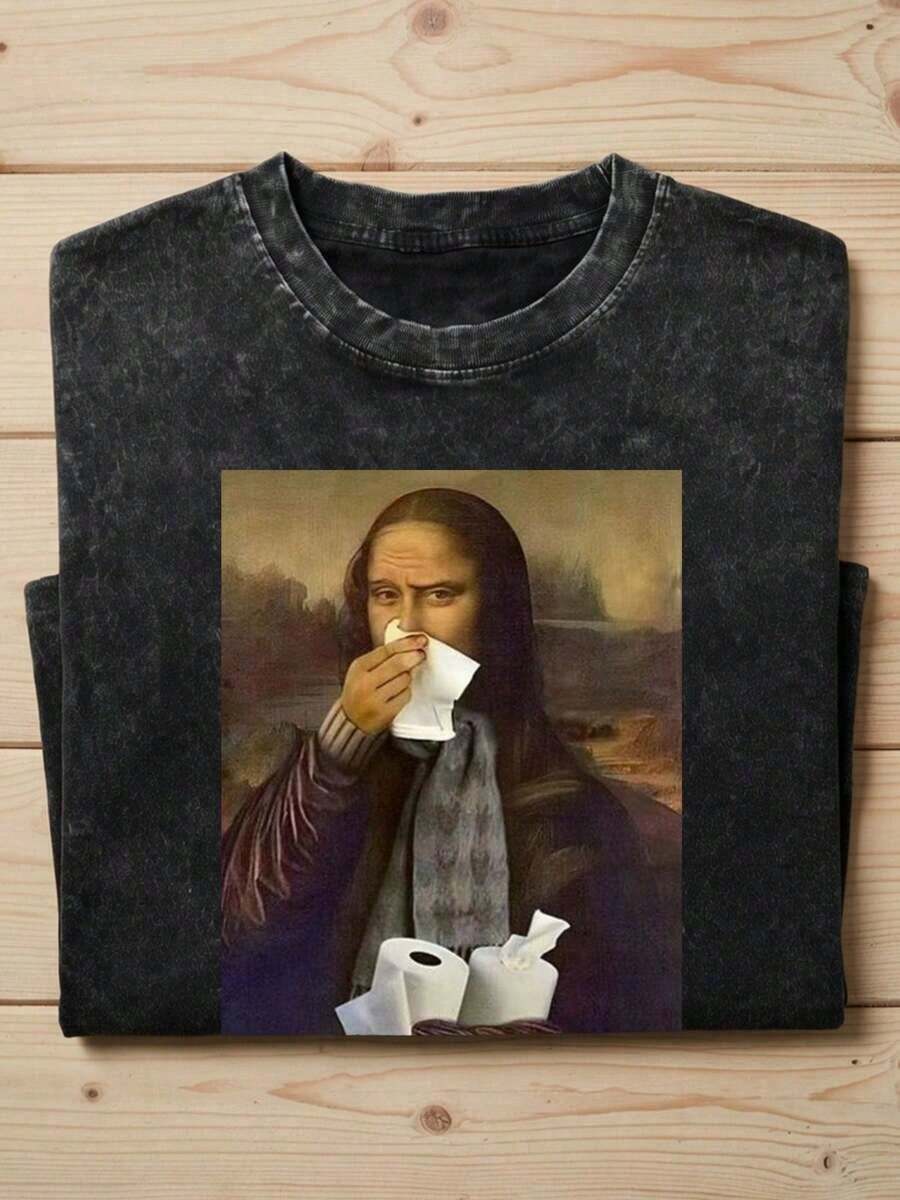 1 Piece Oversized Graphic T-Shirt With Sick Mona Lisa Meme, Short Sleeve For Men, 100% Cotton, Loose Fit, Streetwear Style, Artistic Parody, Funny Aesthetic For Sick Days, Baggy Style, 180g 100% Cotton - 黑色 - 查看 1
