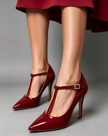 Women's Stiletto Heel Shoe (11cm) With Central Strap And Rhinestone Buckle - Autumn/Winter - 馬爾貝克清漆 - 查看 4
