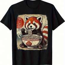 Camiseta Gráfica de Anime Japonés Kawaii con Diseño de Panda Rojo Comiendo Ramen para Hombre – Negra, Casual, de Manga Corta y Cuello Redondo, Perfecta para Actividades al Aire Libre y Uso Diario - Negro - Ver 1