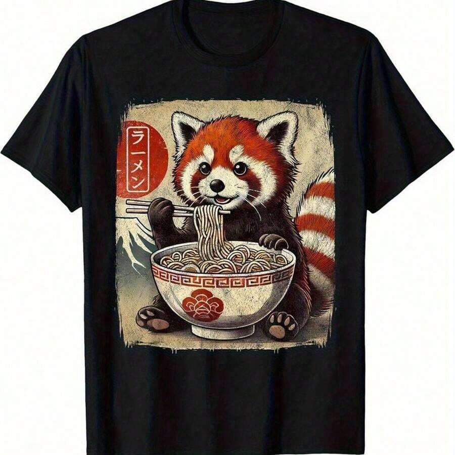 Camiseta Gráfica de Anime Japonés Kawaii con Diseño de Panda Rojo Comiendo Ramen para Hombre – Negra, Casual, de Manga Corta y Cuello Redondo, Perfecta para Actividades al Aire Libre y Uso Diario - Negro - Ver 1