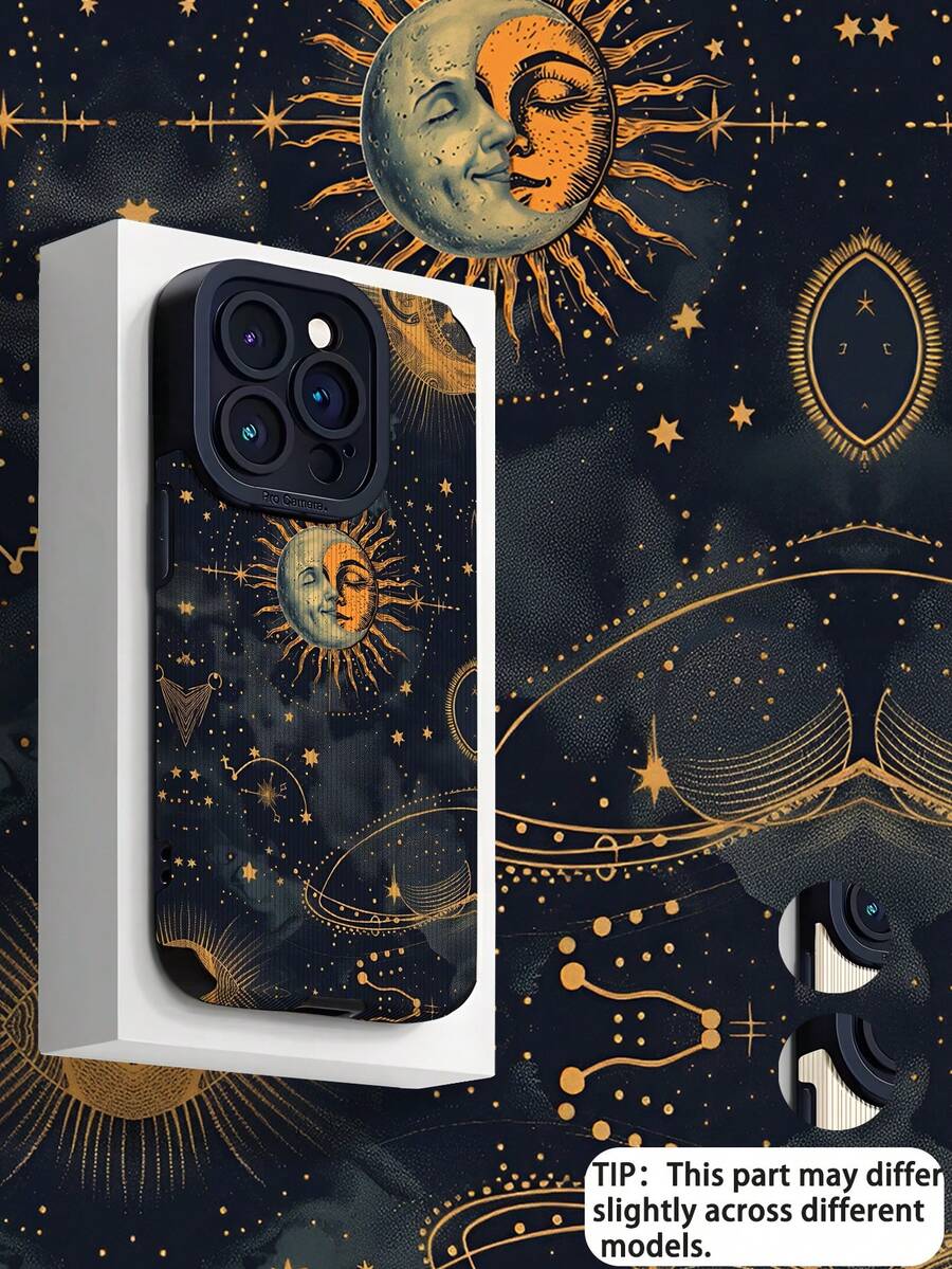 1pc Vintage Black Night Sun & Moon Pattern Vertical Faux Leather Texture Anti-Fall Anti-Fingerprint Shockproof Phone Case - Multicolor - View 1