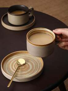 250ml/8.46oz Handmade Vintage Artistic Ceramic Coffee Cup/Tea Cup/Mug With Tea Tray, Coarse Ceramic Milk Cup With Saucer Coffee Cup And Saucer Set Gift (Spoon Not Included) Back To School Season - Multicolor - View 4