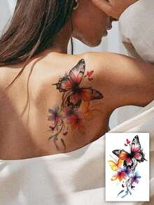 2pcs Fashionable Butterfly & Snake Floral Creative Pattern Temporary Tattoos, Floral & Butterfly Design Temporary Tattoo Stickers, Unisex Body Art Tattoos, Waterproof & Sweatproof, Suitable For Arms, Hands, Abdomen And Feet, Lasting 7-14 Days, Beach Party Accessories DIY Gift - Black - View 4