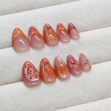 24Pcs Red Flower Press On Nails Medium Almond French Tip Fake Nails With 3D Gilding Rhinestones Design Spring Summer False Nails Full Cover Artificial Glue On Nails Handmade Stick On Nail For Women - 多色花卉 - 查看 3