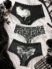 ROMWE Goth 3pcs/Set Dark Punk Style Women's Briefs With Wing, Cross, Skull Prints, Lace Patchwork, Fashionable & Comfortable - Black and White - View 1