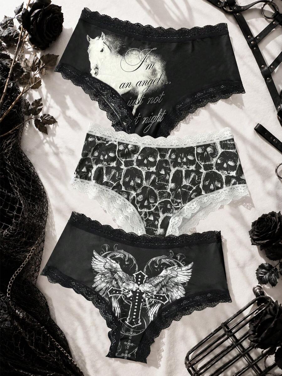 ROMWE Goth 3pcs/Set Dark Punk Style Women's Briefs With Wing, Cross, Skull Prints, Lace Patchwork, Fashionable & Comfortable - Black and White - View 1