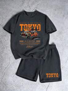 2pcs/Set Boys' Racing Theme Print Loose Top + Sports Shorts, Comfortable And Soft, Suitable For Summer And Sports - Dark Grey - View 4