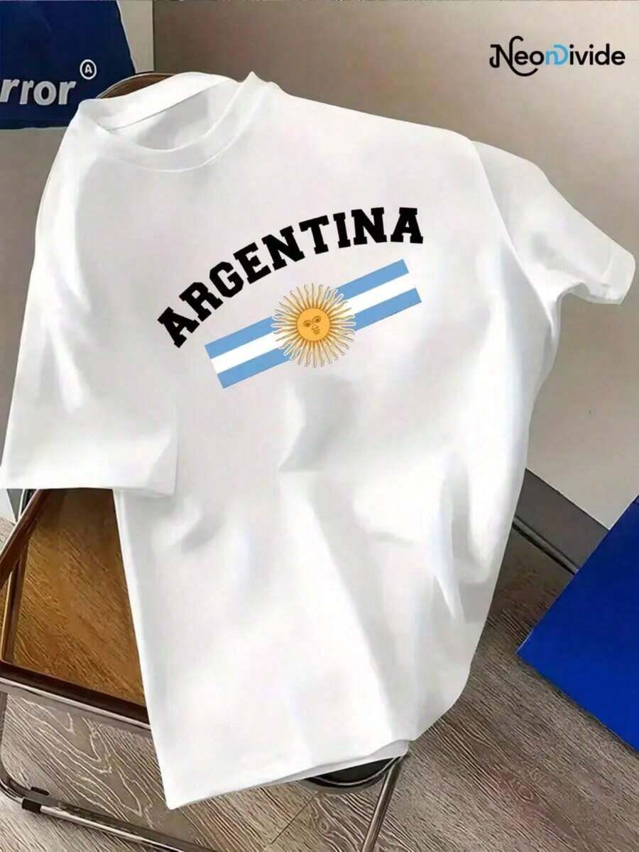1 Piece Fashion Casual For Men And WomenCamiseta gráfica de Argentina para hombre | Estilo deportivo retro, suave y transpirable, 100% fibra, diseño estampado vibrante, cuello redondo, camiseta de verano de manga corta, camiseta casual, versátil, fácil de combinar, para uso diario, estilo urbano, ropa de vacaciones, ropa de fin de semana. - Blanco - Ver 1