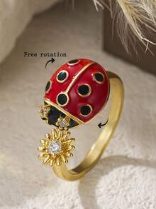 1 pieza Anillo abierto giratorio de mariquita de cobre, anillo giratorio de mariquita esmaltado con flor de circonita, anillo abierto ajustable de animal - Anillo giratorio con forma de mariquita - Ver 11