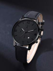 1 Stück Herren-Quarzuhr, minimalistische Herrenuhr mit Drei-Augen-Skala und großem Zifferblatt, geeignet für Business Casual, PU-Lederarmband, geeignet für tägliche Dekoration, Feiertagszusammenkünfte, Business Casual Anlässe, auch das beste Feiertagsgeschenk für Freund und Vater - Schwarz - Übersicht 3