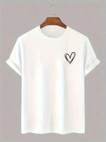 On This Item: Men's Elastic, Comfortable Shirt With A Simple Heart Print And Round Neckline. Hot Item. - 白色 - 查看 6