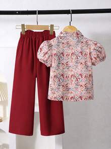 Ensemble 2 pièces chemise à manches courtes bouffantes avec nœud papillon et motif floral, et pantalon à taille élastique. Tenue adaptée pour les sorties décontractées au printemps et à l'automne - Rouge - Voir 2