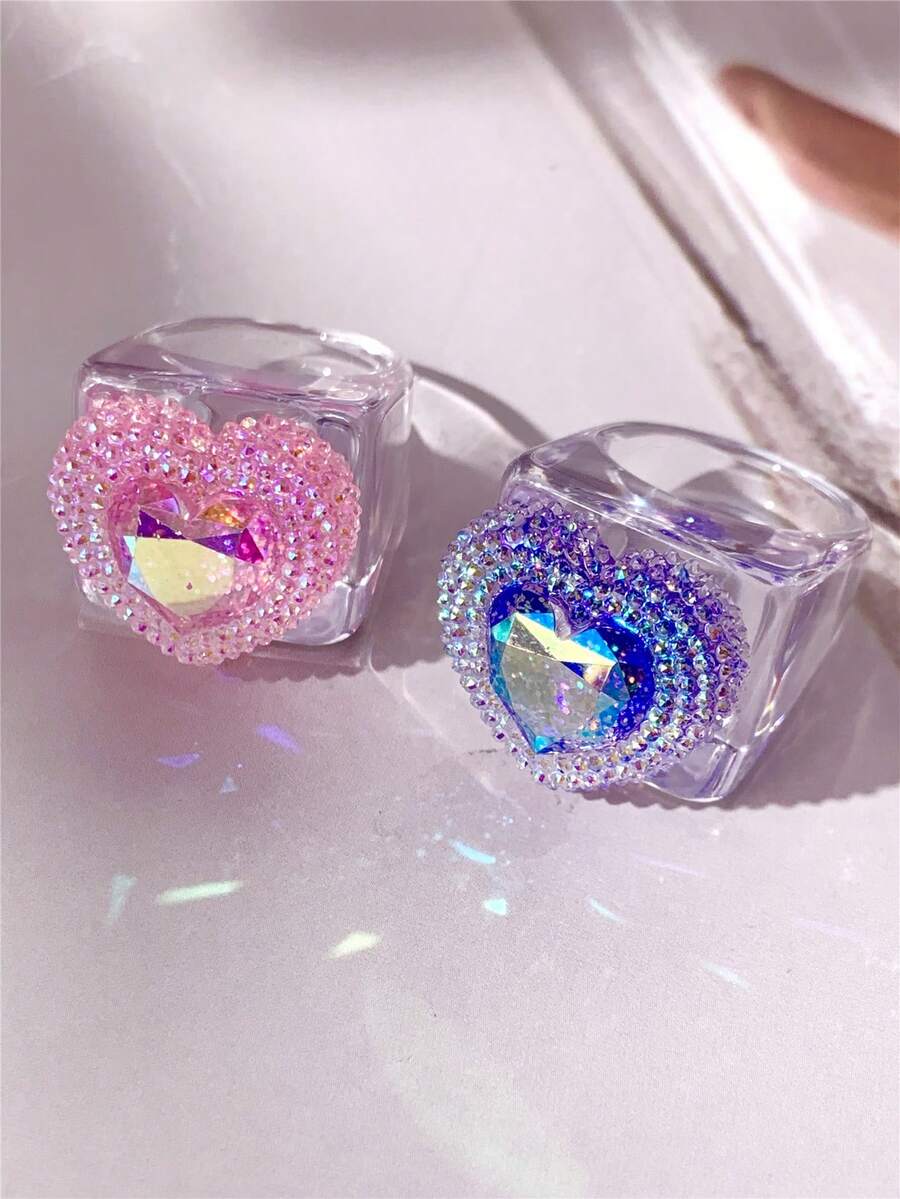 1個/2個裝彩色心形水鑽樹脂戒指，誇張大尺寸鮮豔心形樹脂戒指，時尚個性化春季派對配件，Y2K千禧風飾品，適合日常穿搭、約會、度假及派對場合，情人節珠寶