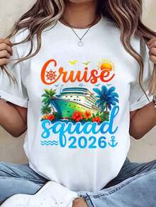 Women's Cruise Squad 2026 T-Shirt With Ship, Palm Tree, Sun And Flower Print, Round Neck, Regular Fit, Ideal For Holidays, Travel, Gift, World Travel 2026, 220g, 100% Cotton - 白色 - 查看 6