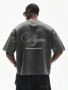 Men's Short Sleeve Crew Neck T-Shirt With Minimalist Print, Olive Green Graphic Tee, Oversized Printed Crop Top For Men, Unisex Washed T-Shirt. Y2K Style, Fashionable Style, Cute Style, Casual Style, Women's Blouses > Clothing. 230g (Sizes S-XXXL) - 灰色 3 - 查看 1
