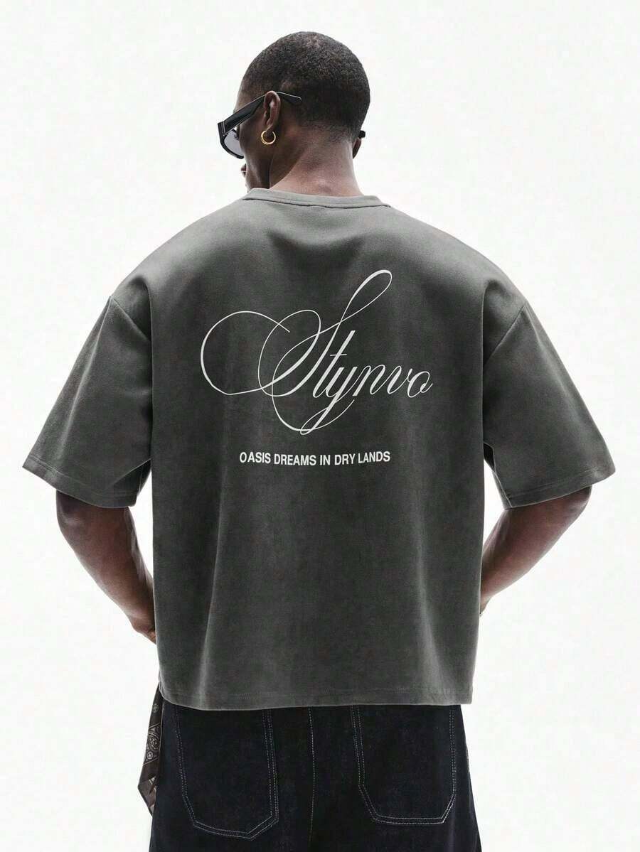 Men's Short Sleeve Crew Neck T-Shirt With Minimalist Print, Olive Green Graphic Tee, Oversized Printed Crop Top For Men, Unisex Washed T-Shirt. Y2K Style, Fashionable Style, Cute Style, Casual Style, Women's Blouses > Clothing. 230g (Sizes S-XXXL) - 灰色 3 - 查看 1