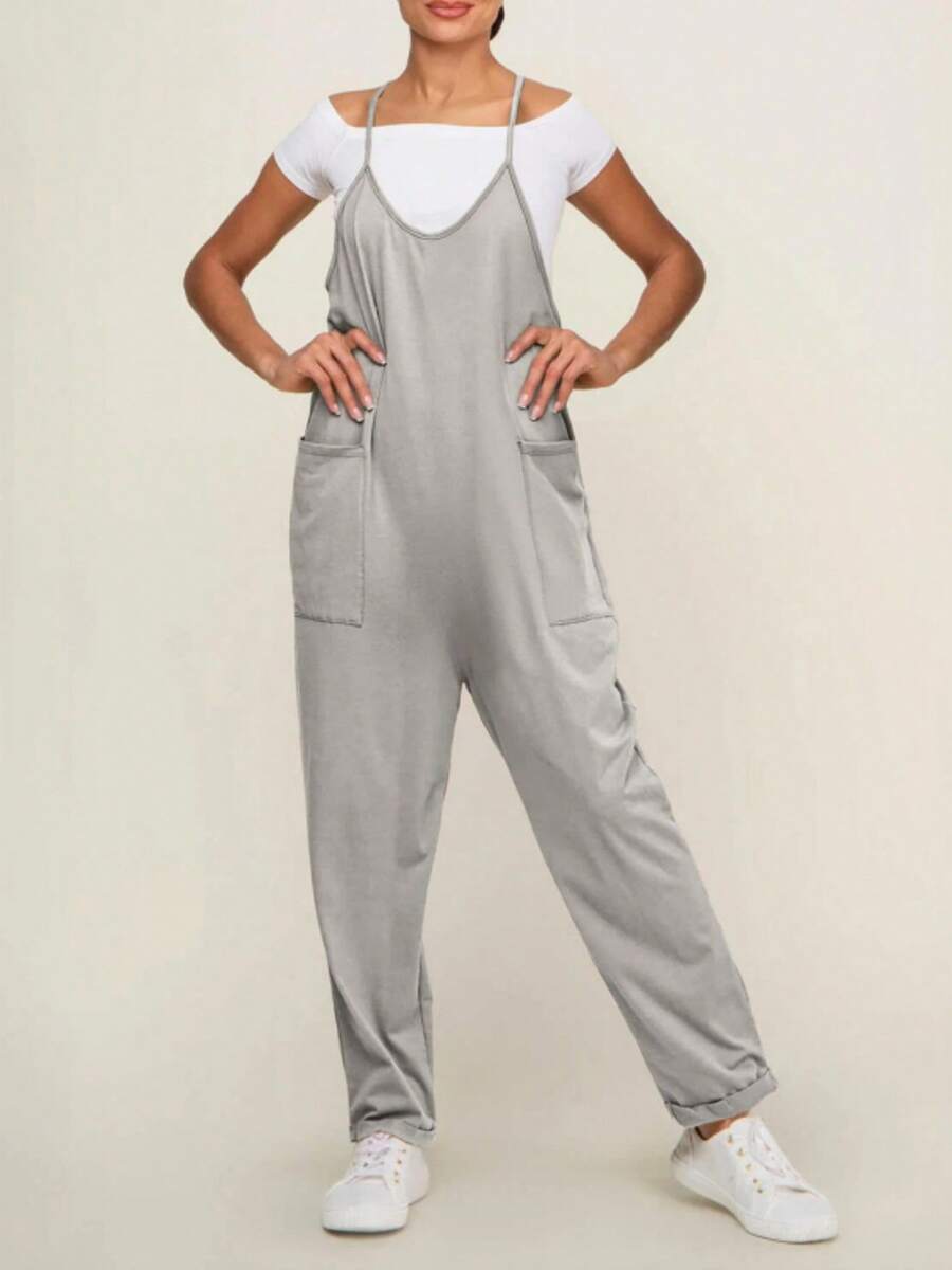 Plus Size Jumpsuit For Women With Pockets And Adjustable Straps - 淺灰色 - 查看 1