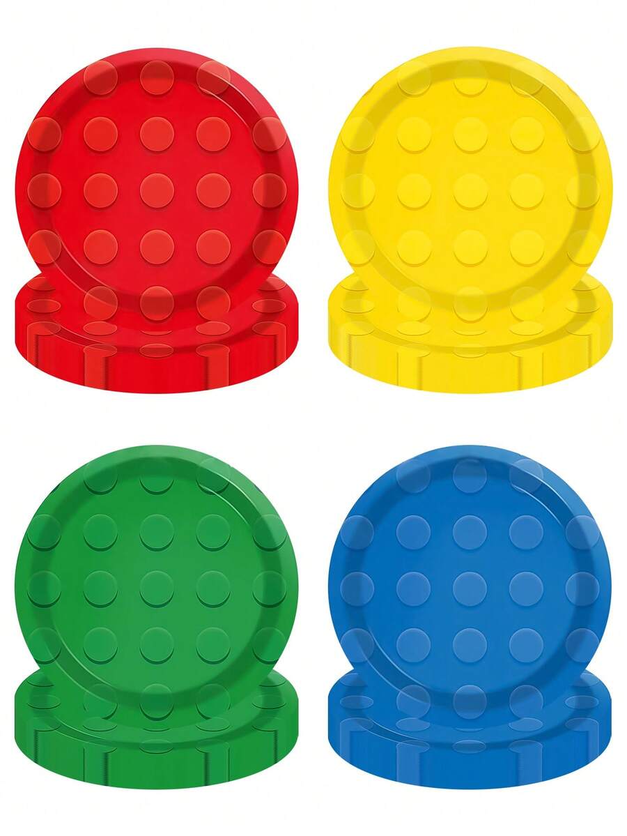 10pcs/40pcs/80pcs Building Block Theme Party Paper Plates, 7/9 Inch Round Paper Plates With Building Block Embossed Pattern, 4 Vibrant Colors (Red/Yellow/Green/Blue), Suitable For Birthday Party, Building Block Theme, Celebration, Building Block Theme Game Night, Picnic, Family Gathering - Multicolor - View 1