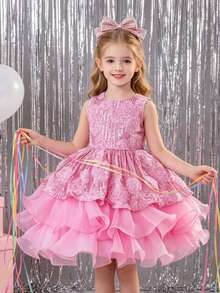 Mädchen Blumen Volant Kuchen Kleid, Prinzessinnenkleid, Mädchen Festliches Kleid für Hochzeit, Geburtstag, Laufsteg, Klavierrezital, Abendkleid - Pink - Übersicht 1