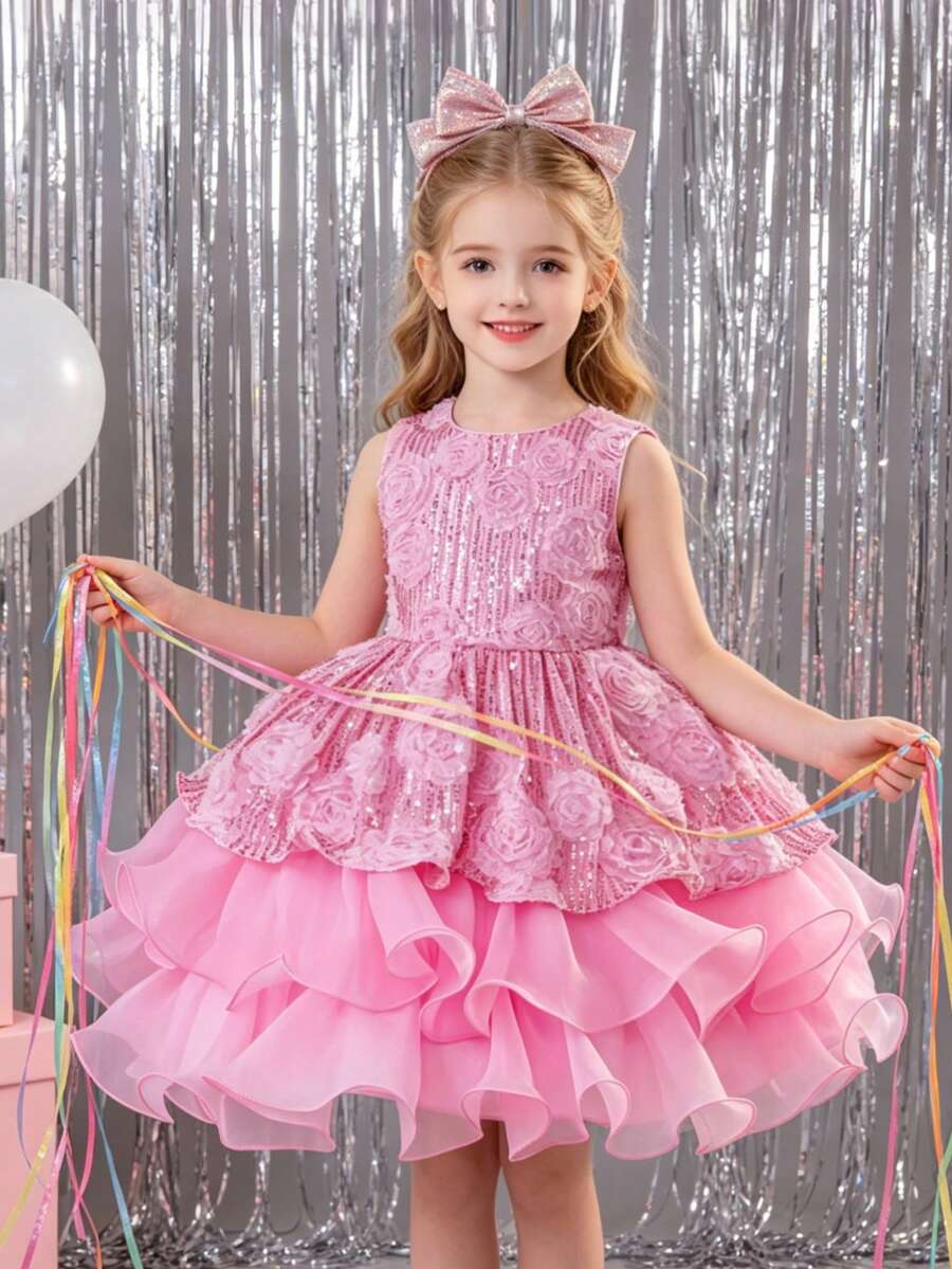 Mädchen Blumen Volant Kuchen Kleid, Prinzessinnenkleid, Mädchen Festliches Kleid für Hochzeit, Geburtstag, Laufsteg, Klavierrezital, Abendkleid - Pink - Übersicht 1